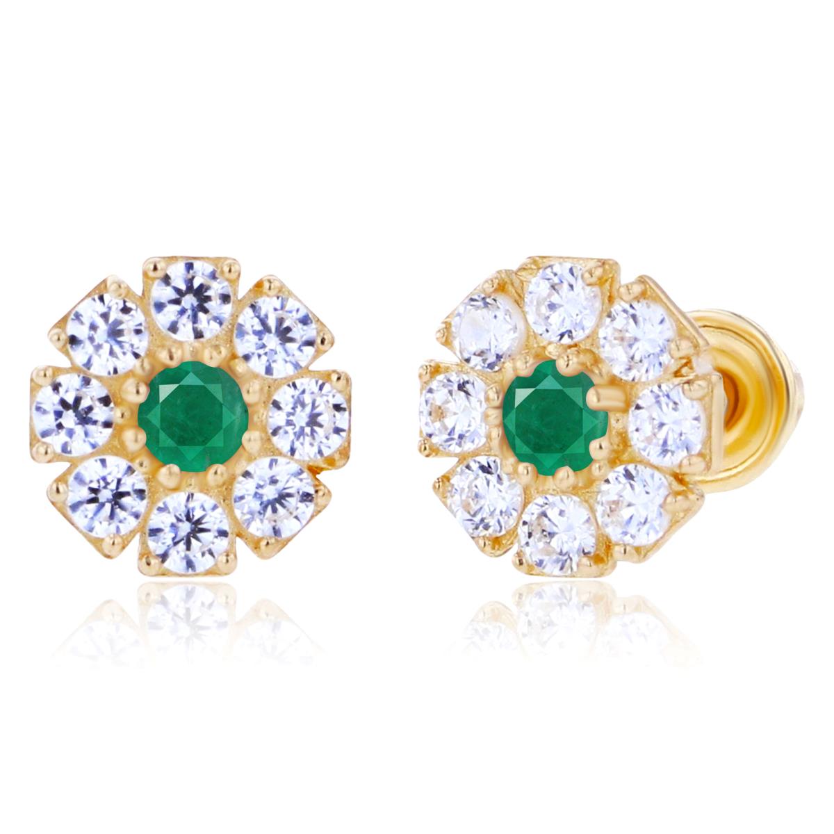 14K Yellow Gold 2mm Round Emerald & 1.5mm Created White Sapphire Flower Screwback Earrings
