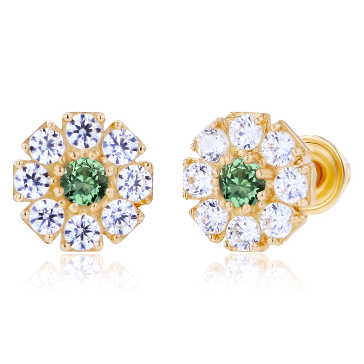14K Yellow Gold 2mm Round Created Green Sapphire & 1.5mm Created White Sapphire Flower Screwback Earrings