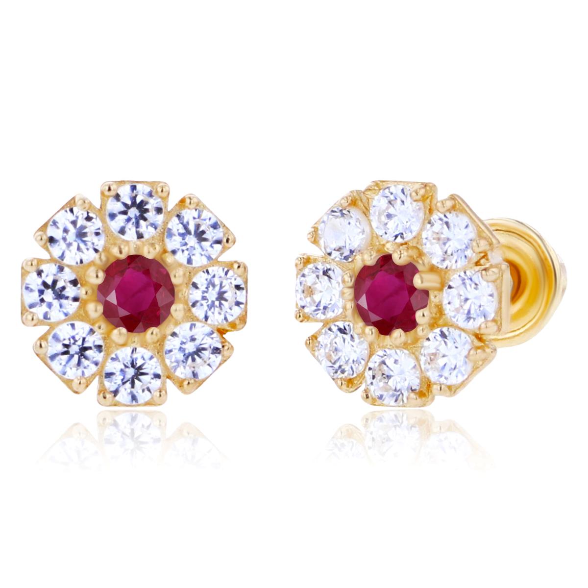 14K Yellow Gold 2mm Round Ruby & 1.5mm Created White Sapphire Flower Screwback Earrings