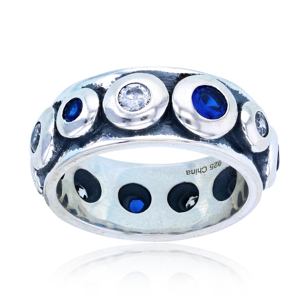Sterling Silver Oxidized Textured Rnd White & Blue Sapphire CZ Bezel Circles on Band