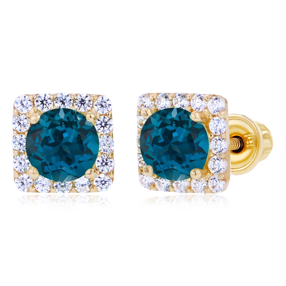 14K Yellow Gold 4mm London Blue Topaz & 1mm Created White Sapphire Square Halo Screwback Earrings