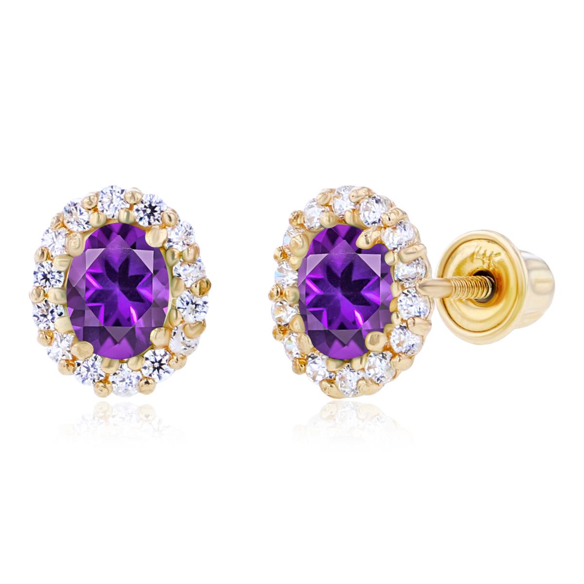14K Yellow Gold 4x3mm Oval Amethyst & 1mm Round Created White Sapphire Halo Screwback Earrings