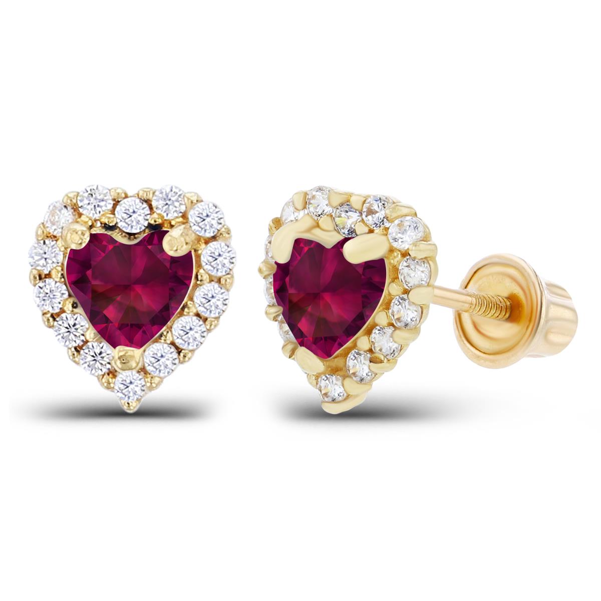 14K Yellow Gold 4mm Heart Created Ruby & 1mm Created White Sapphire Halo Screwback Earrings