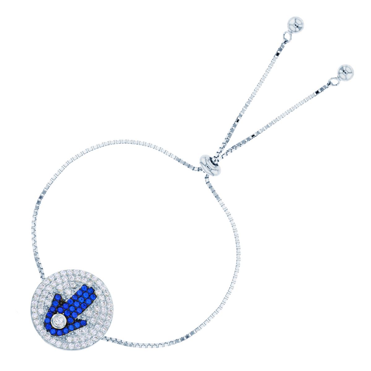 Sterling Silver Rhodium Rnd White Bezel & #119 Blue CZ Hamsa on Pave Circle Adjustable Bolo Bracelet
