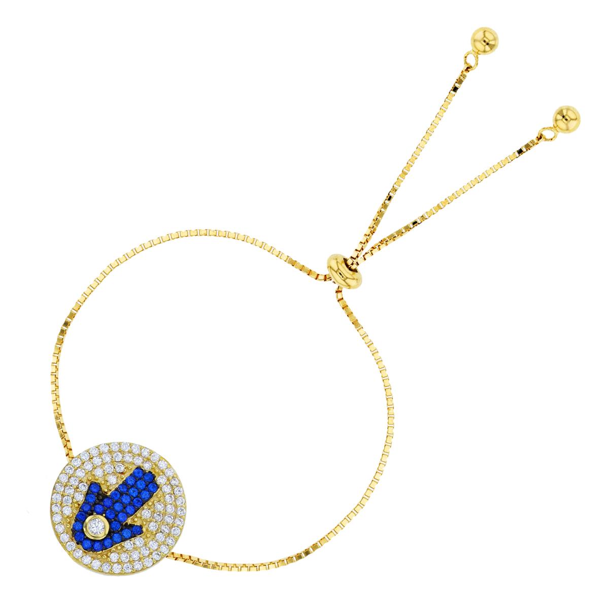 Sterling Silver Yellow Rnd White Bezel & #119 Blue CZ Hamsa on Pave Circle Adjustable Bolo Bracelet