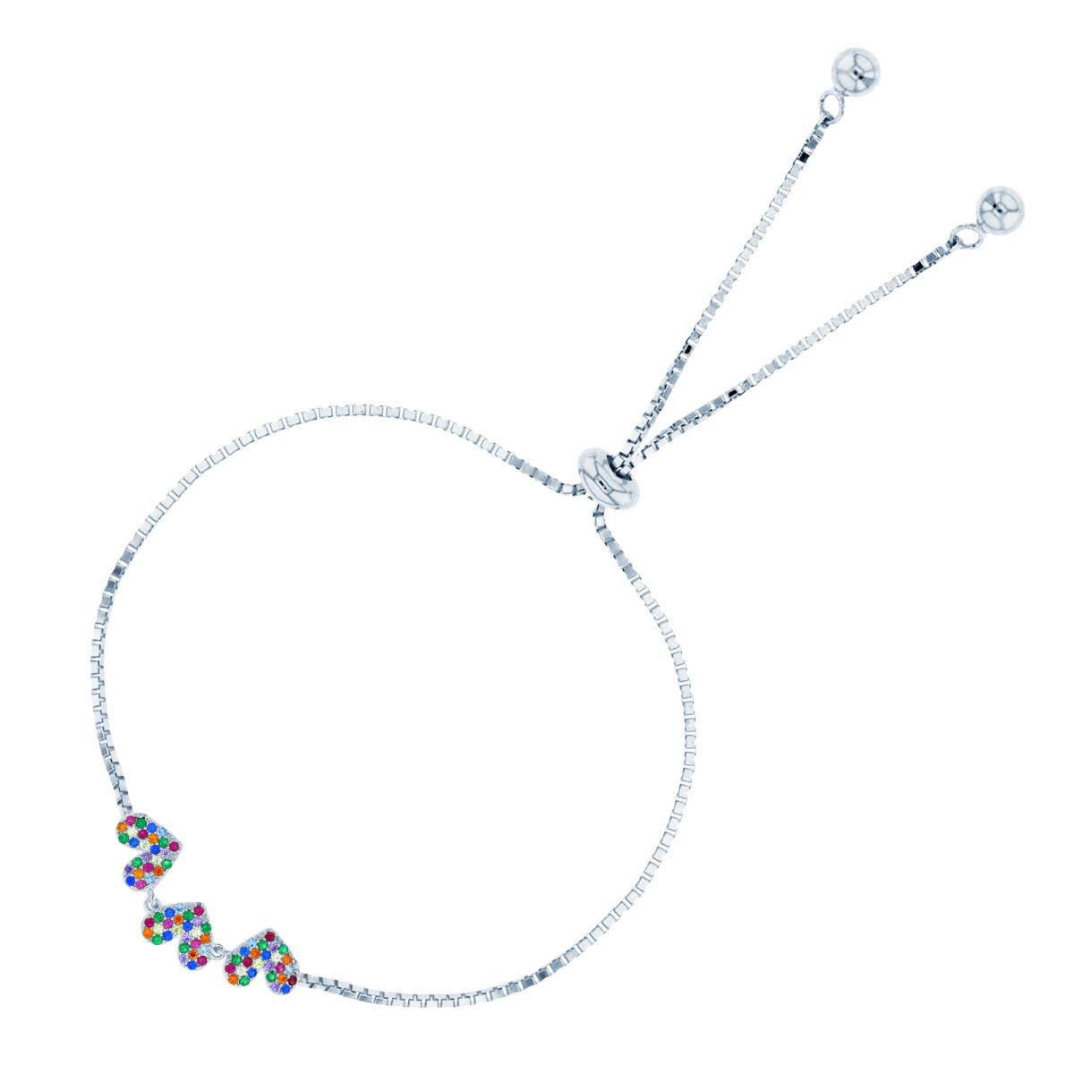 Sterling Silver Rhodium Rnd Multicolor CZ 3-Hearts Adjustable Bolo Bracelet
