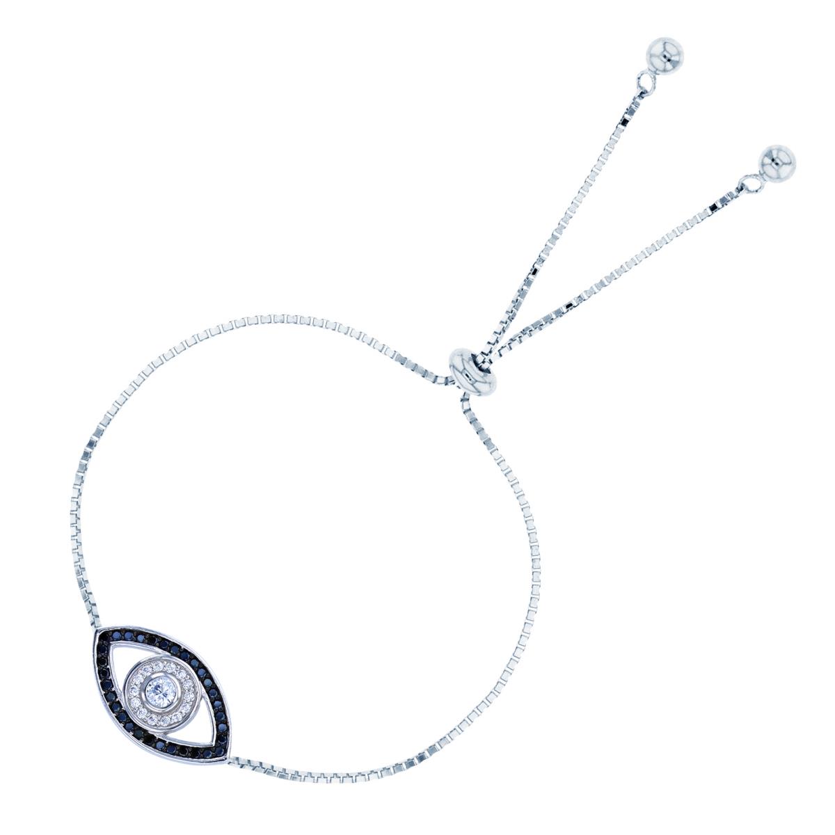 Sterling Silver Rhodium Rnd White Bezel & Black CZ Evil Eye Adjustable Bolo Bracelet