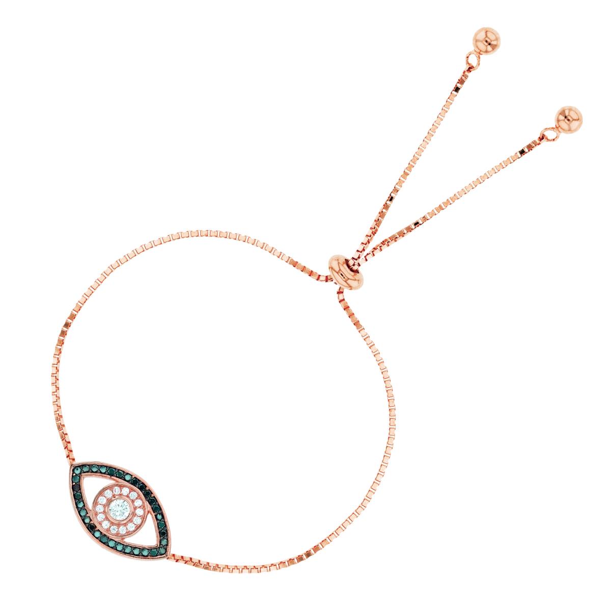 Sterling Silver Rose Rnd White Bezel & Black CZ Evil Eye Adjustable Bolo Bracelet