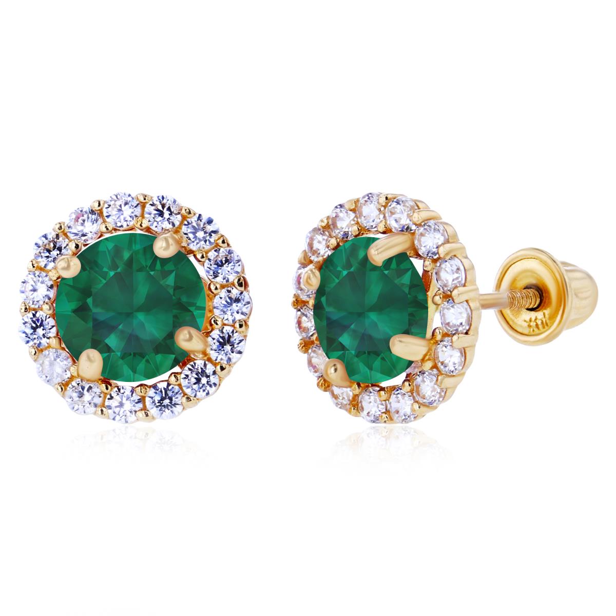 14K Yellow Gold 5mm Created Emerald & 1.25mm Created White Sapphire Halo Screwback Earrings