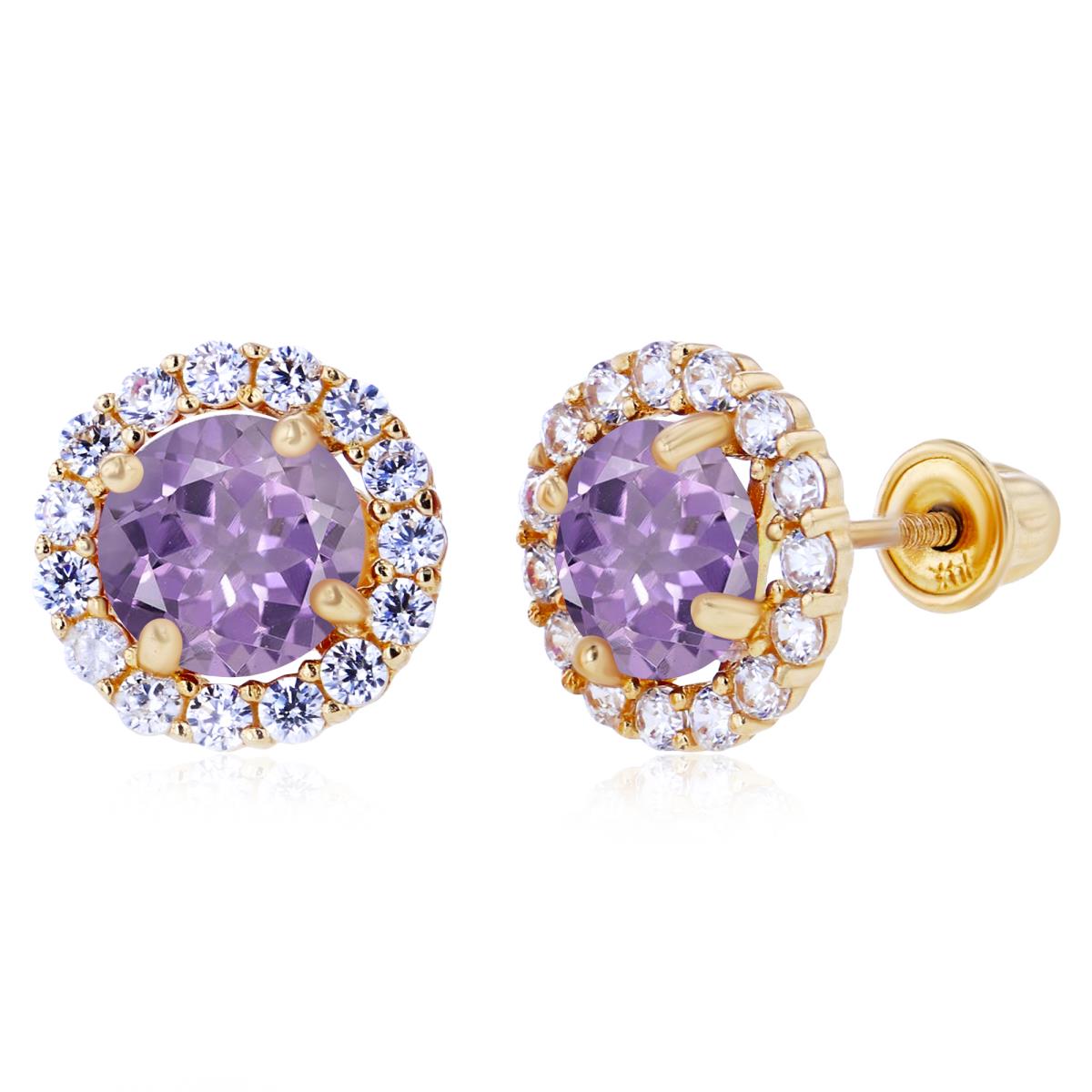 14K Yellow Gold 5mm Rose De France & 1.25mm Created White Sapphire Halo Screwback Earrings