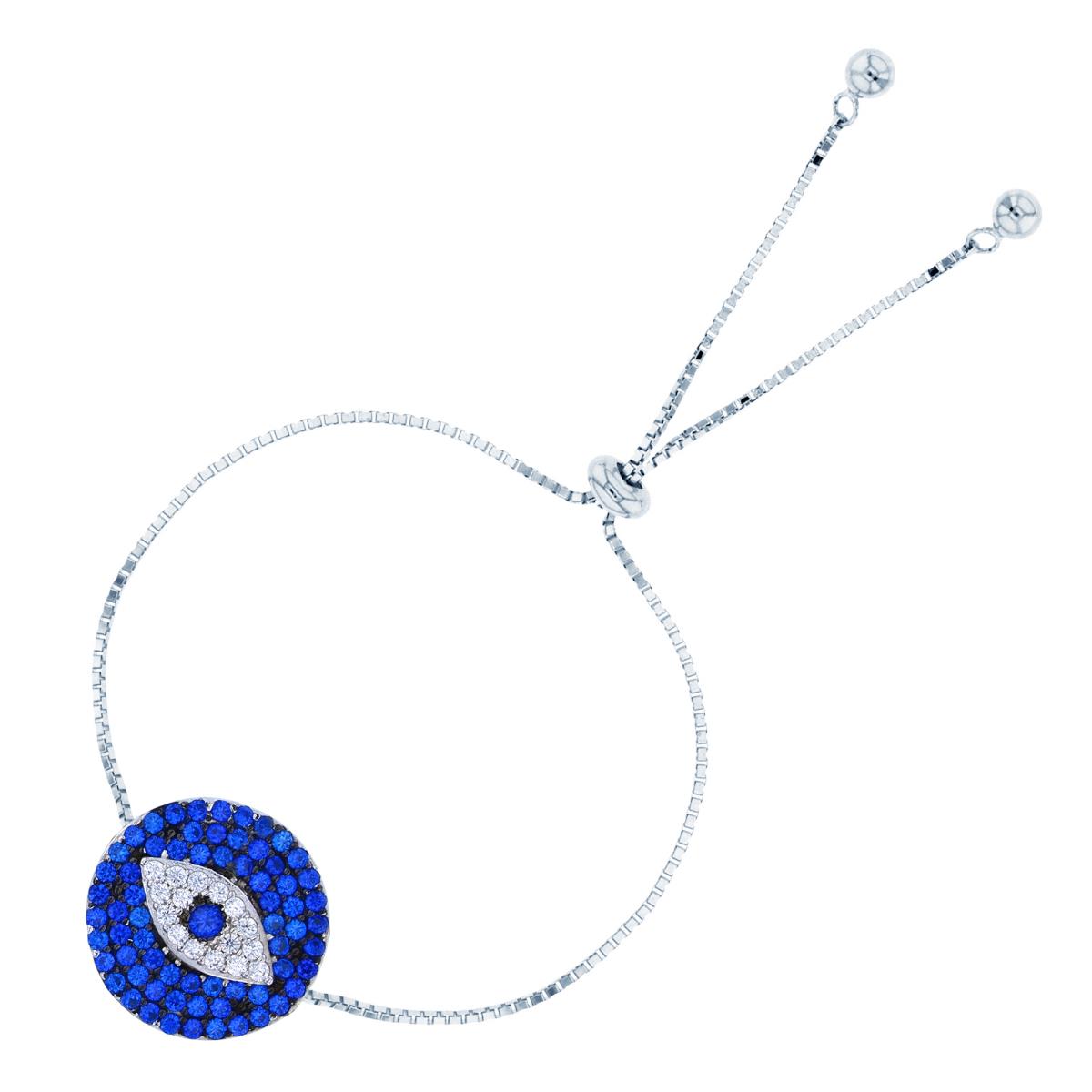 Sterling Silver Two-Tone (W/BL) Rnd White & #113 Blue Spinel CZ Evil Eye on Circle  Adjustable Bolo Bracelet
