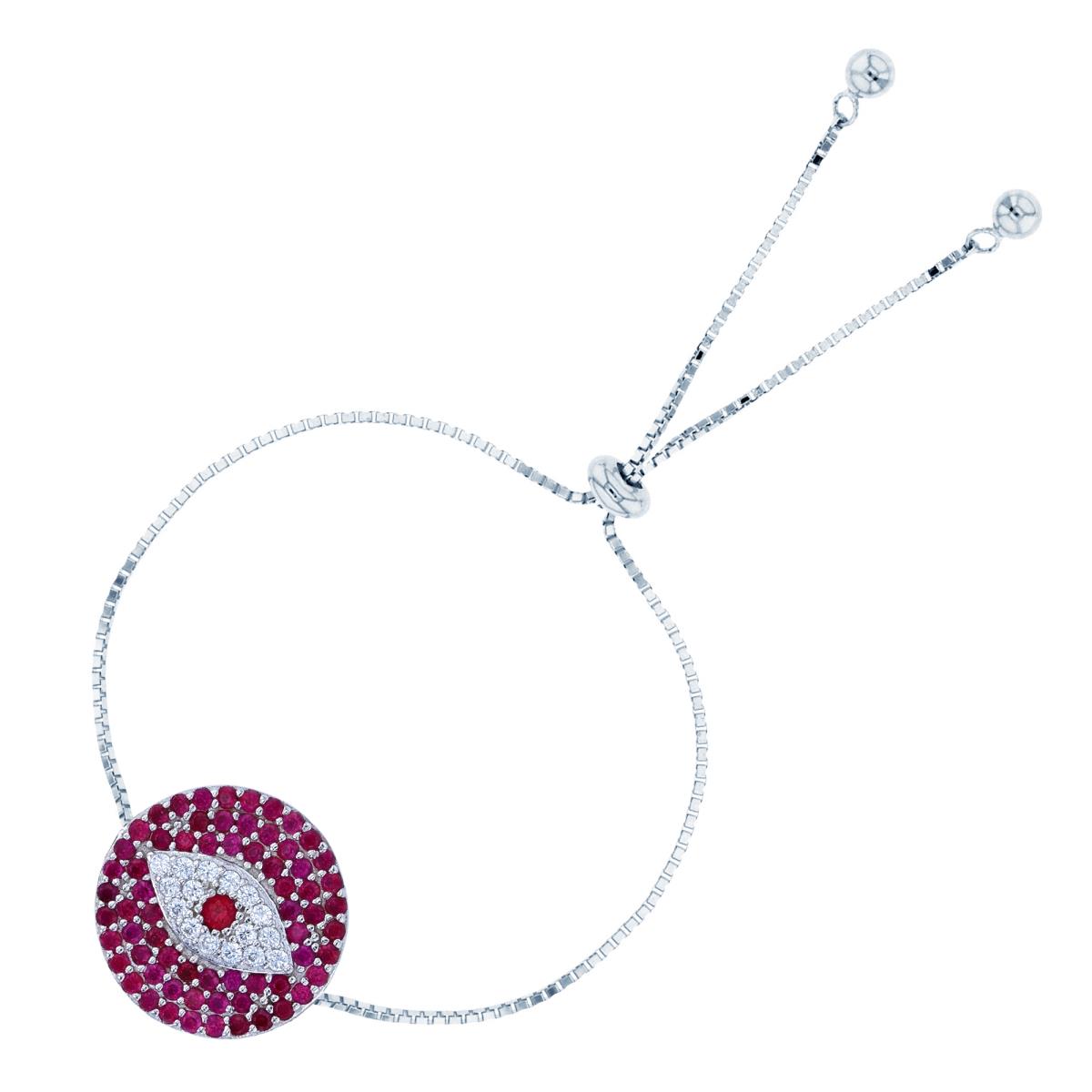 Sterling Silver Rhodium Rnd White & Ruby CZ Evil Eye on Circle  Adjustable Bolo Bracelet
