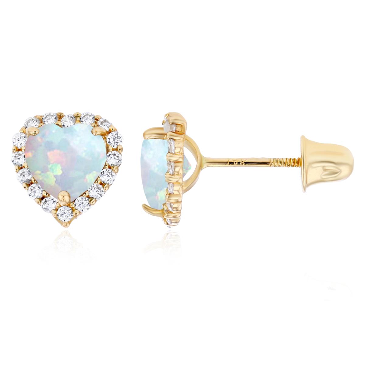 14K Yellow Gold 5mm Heart Created Opal & 1mm Created White Sapphire Halo Screwback Earrings