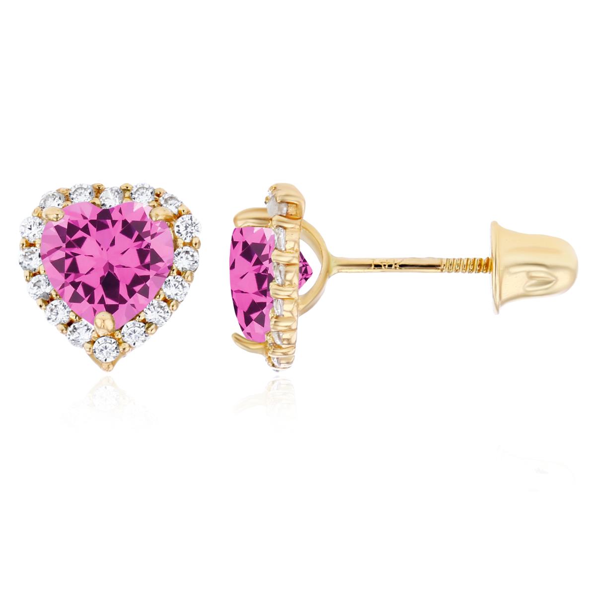 14K Yellow Gold 5mm Heart Created Pink Sapphire & 1mm Created White Sapphire Halo Screwback Earrings