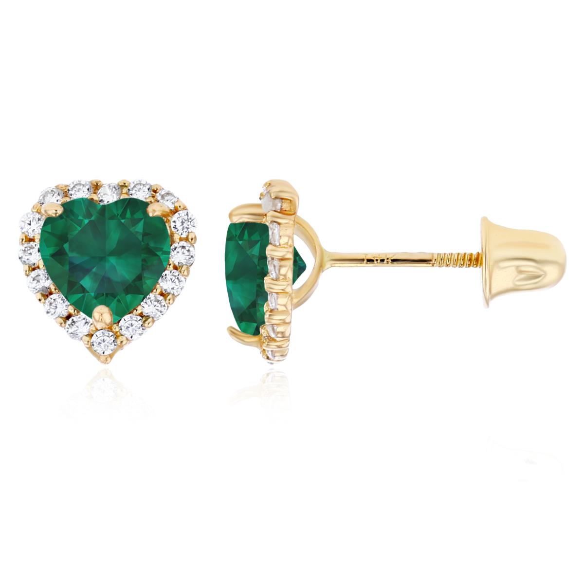 14K Yellow Gold 5mm Heart Created Emerald & 1mm Created White Sapphire Halo Screwback Earrings