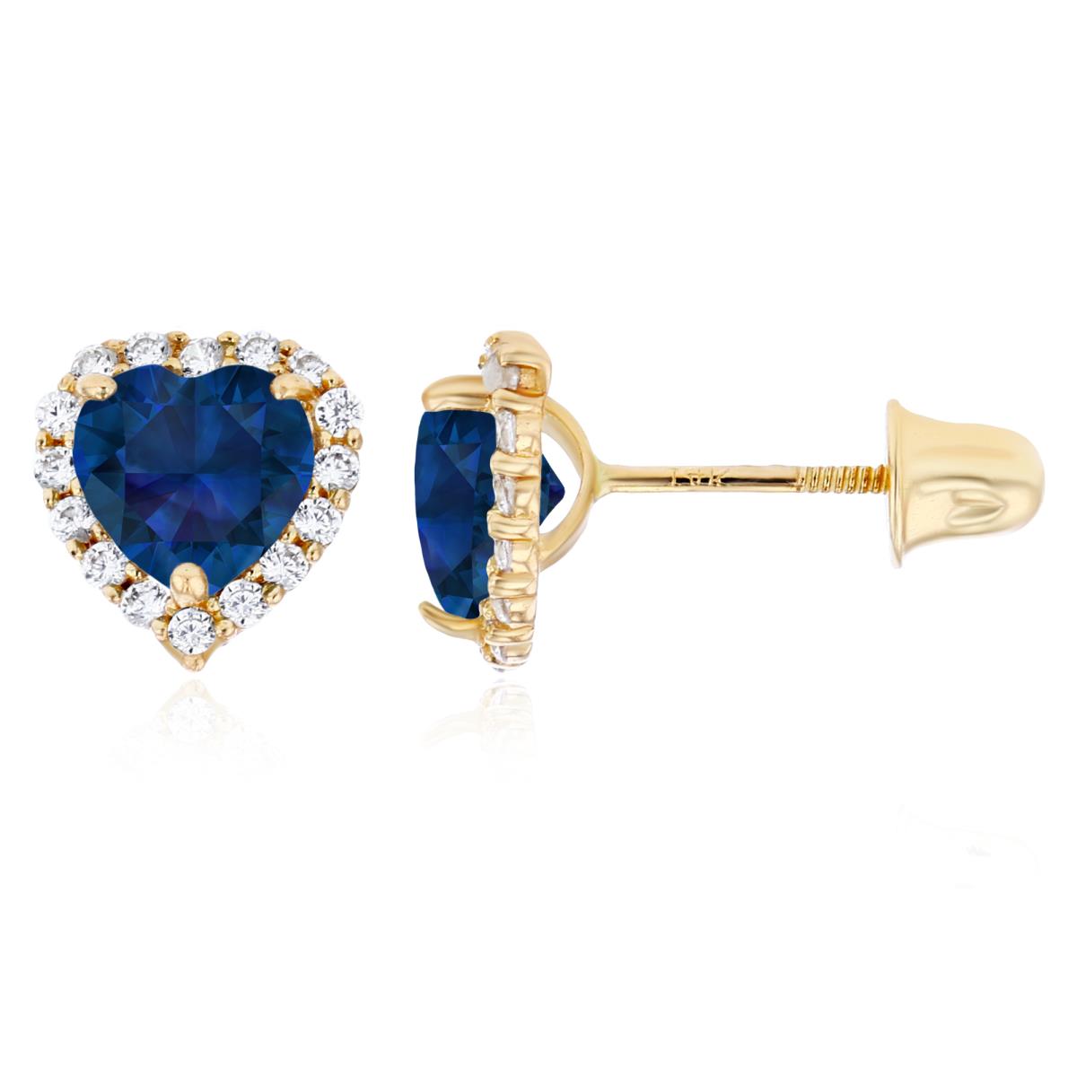14K Yellow Gold 5mm Heart Created Blue Sapphire & 1mm Created White Sapphire Halo Screwback Earrings