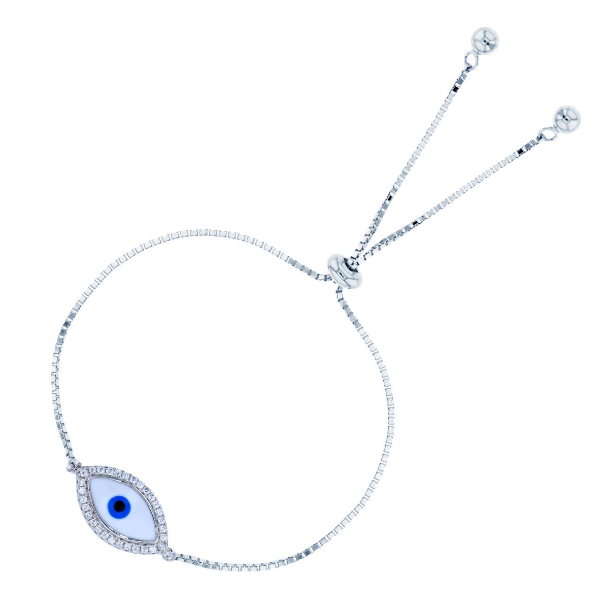 Sterling Silver Rhodium 16x9mm Rnd White & Enamel Evil Eye Adjustable Bolo Bracelet