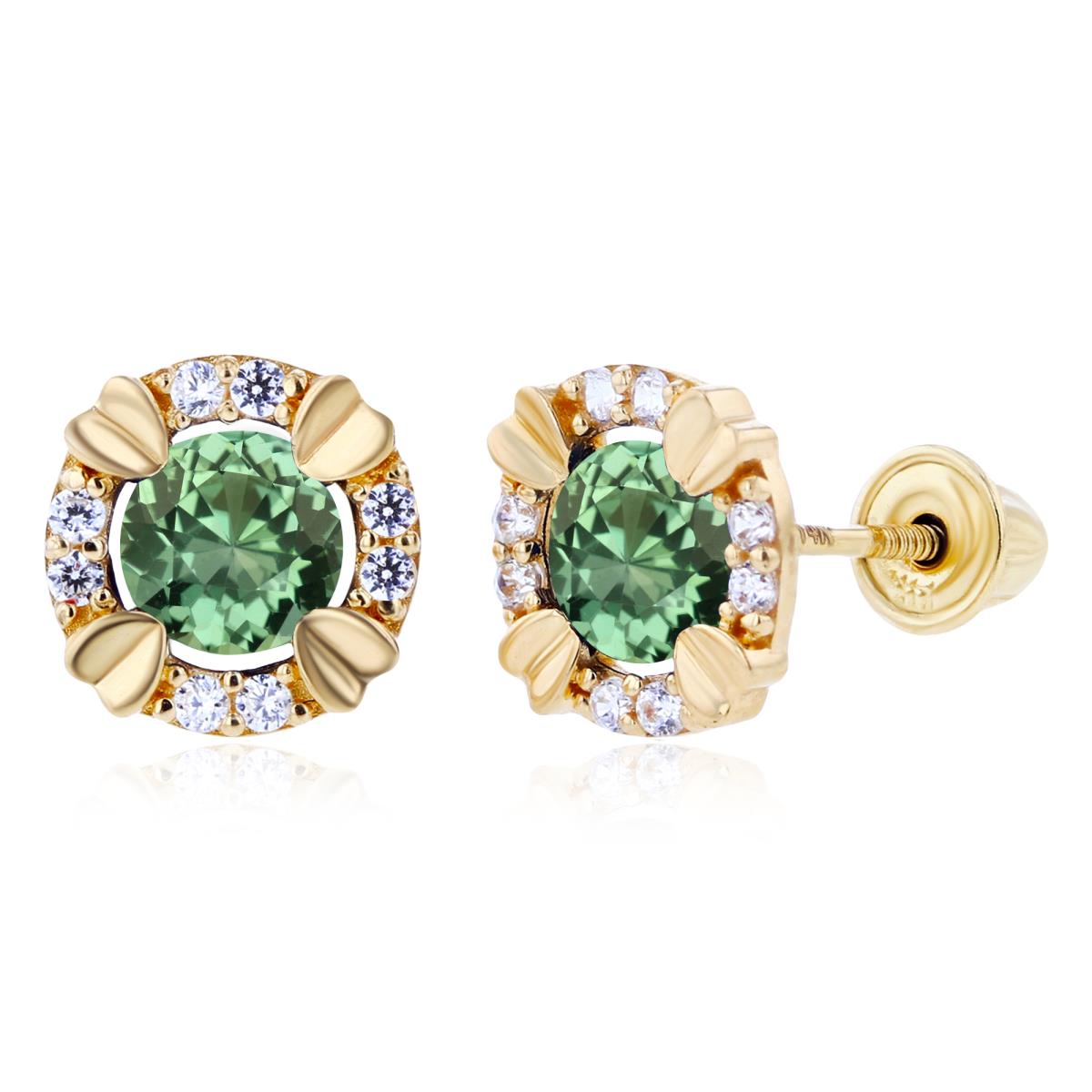 14K Yellow Gold 4mm Round Created Green Sapphire & 1mm Created White Sapphire Halo Screwback Earrings