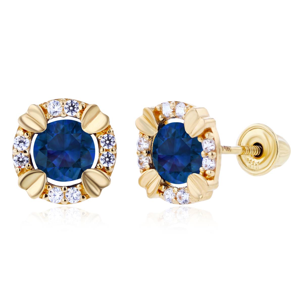 14K Yellow Gold 4mm Round Created Blue Sapphire & 1mm Created White Sapphire Halo Screwback Earrings
