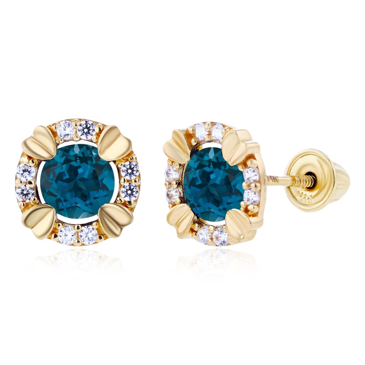 14K Yellow Gold 4mm Round London Blue Topaz & 1mm Created White Sapphire Halo Screwback Earrings