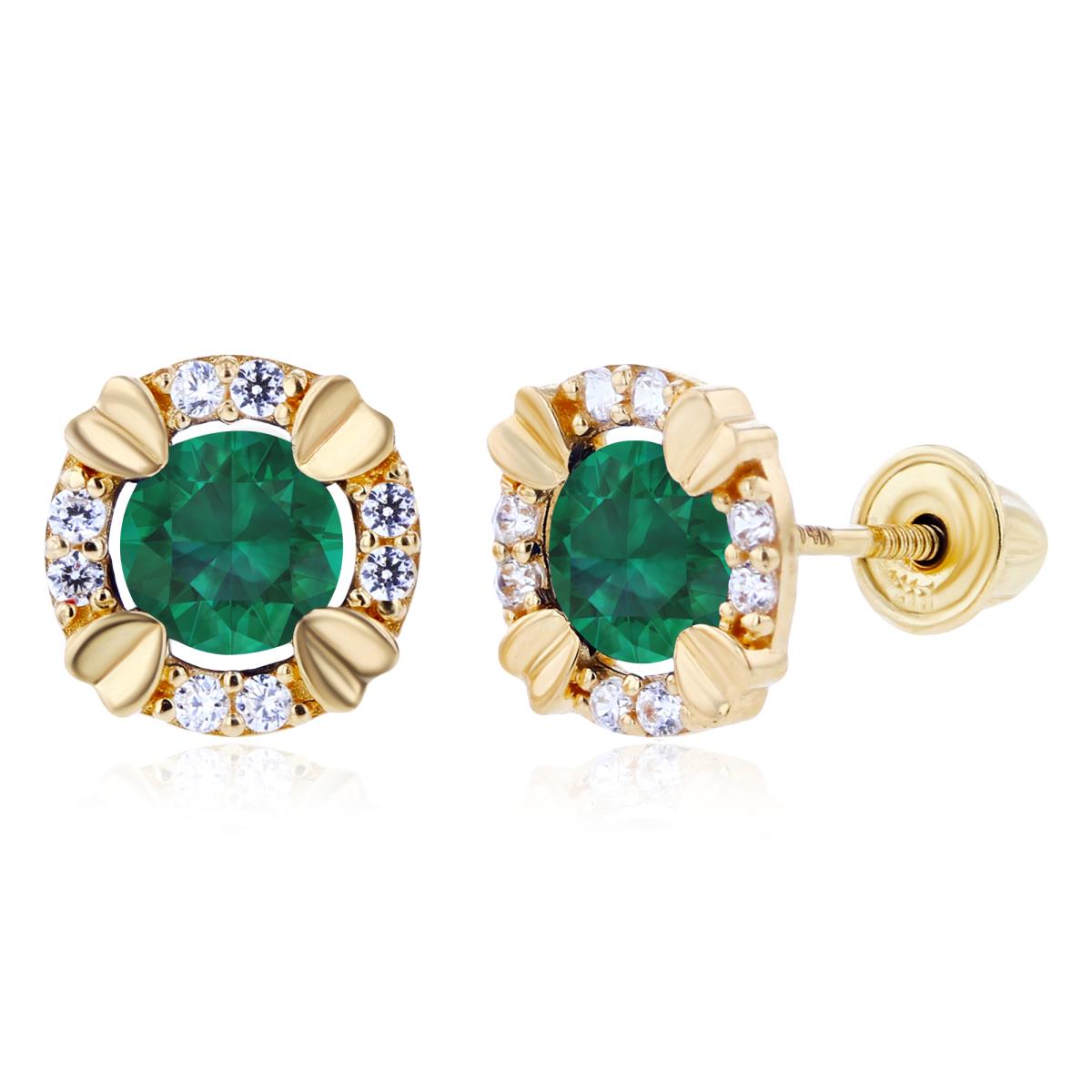 14K Yellow Gold 4mm Round Created Emerald & 1mm Created White Sapphire Halo Screwback Earrings