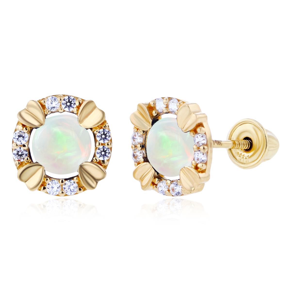 14K Yellow Gold 4mm Round Opal & 1mm Created White Sapphire Halo Screwback Earrings