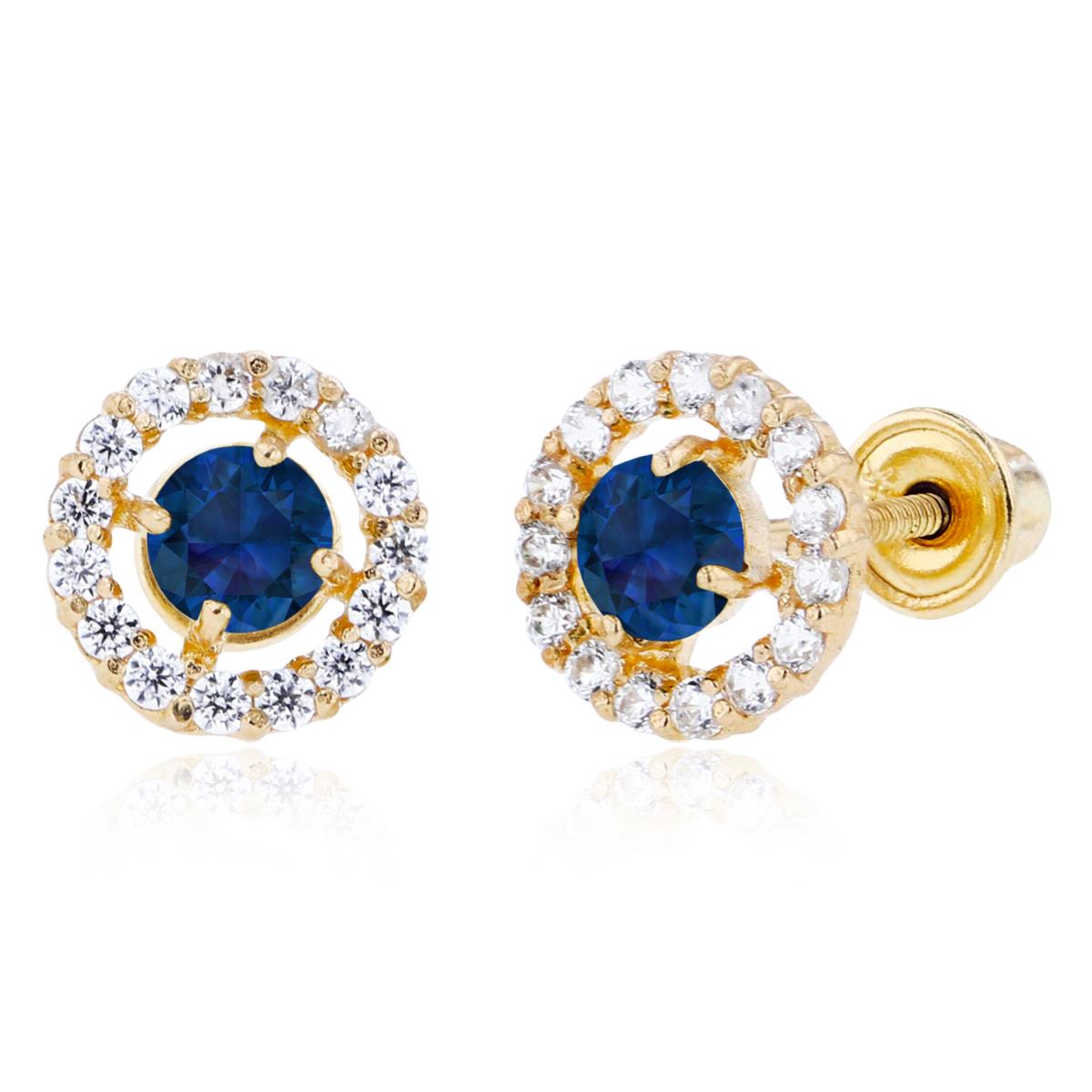 14K Yellow Gold 3mm Created Blue Sapphire & 1mm Created White Sapphire Halo Screwback Earrings