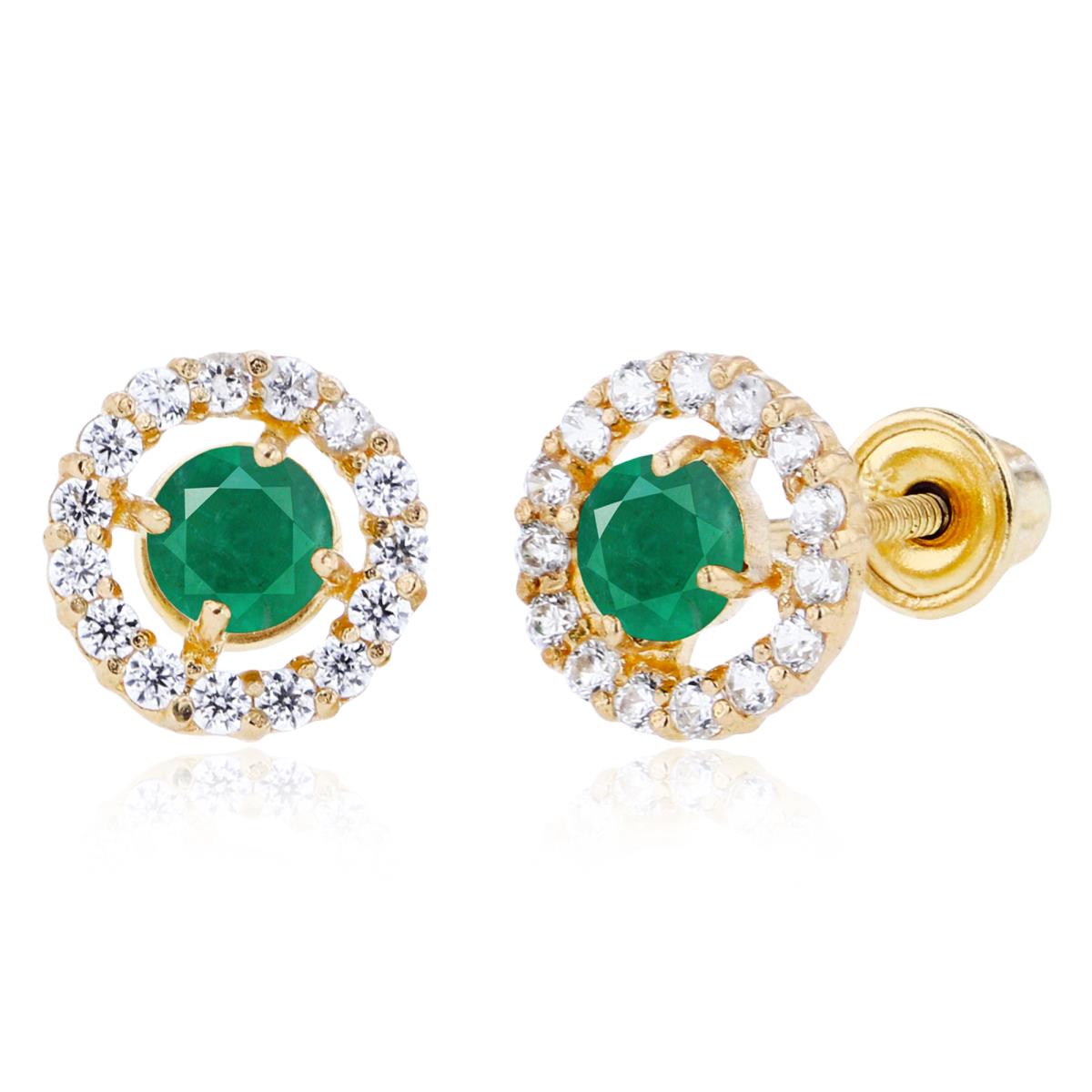 14K Yellow Gold 3mm Emerald & 1mm Created White Sapphire Halo Screwback Earrings