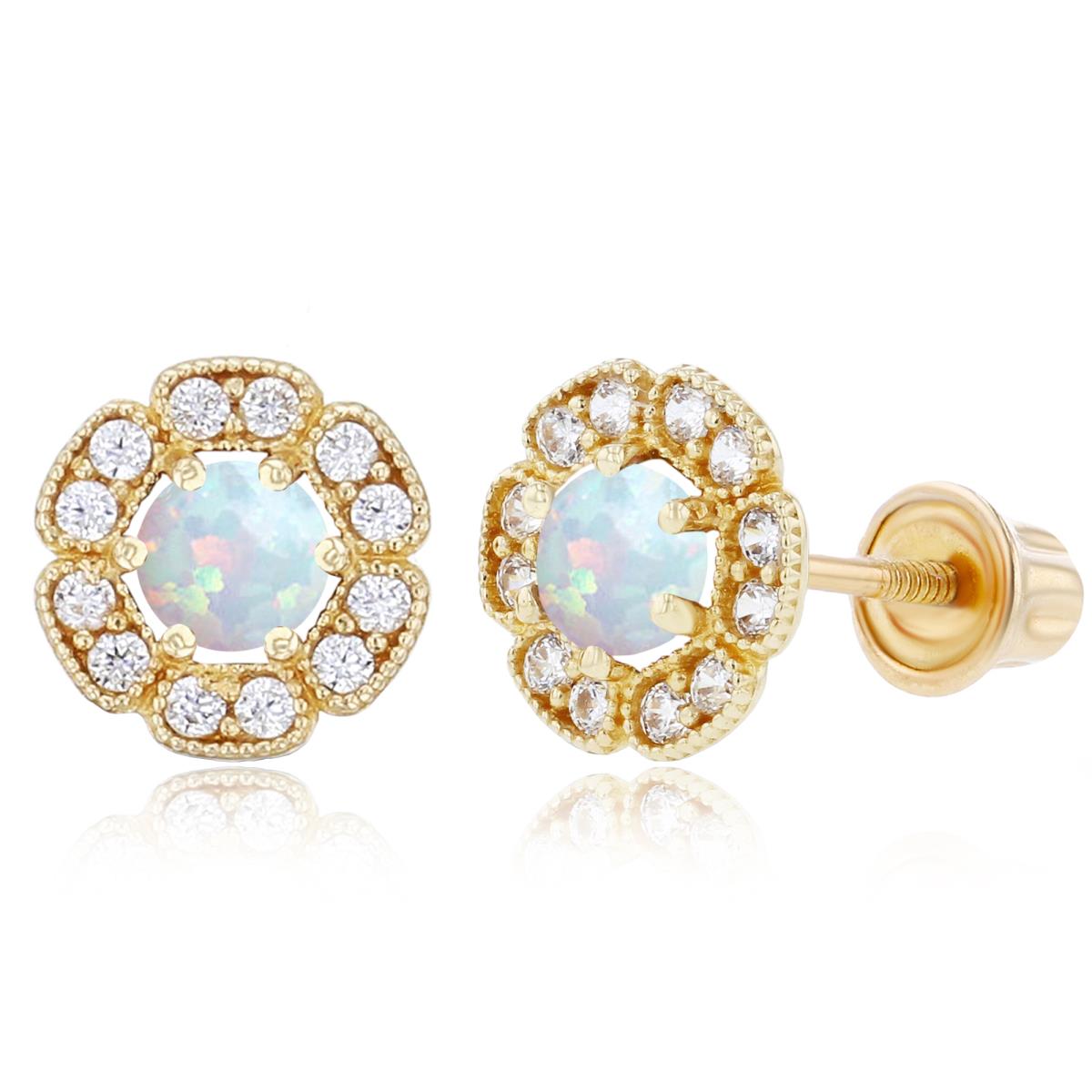 14K Yellow Gold 3mm Created Opal & 1mm Created White Sapphire Flower Screwback Earrings