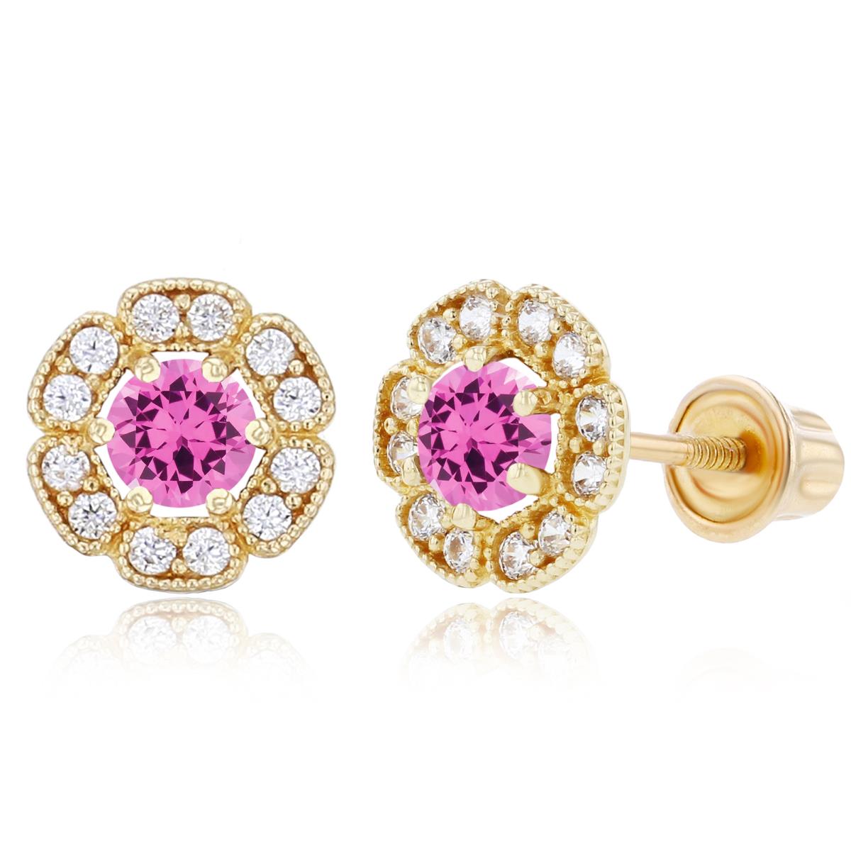 14K Yellow Gold 3mm Created Pink Sapphire & 1mm Created White Sapphire Flower Screwback Earrings