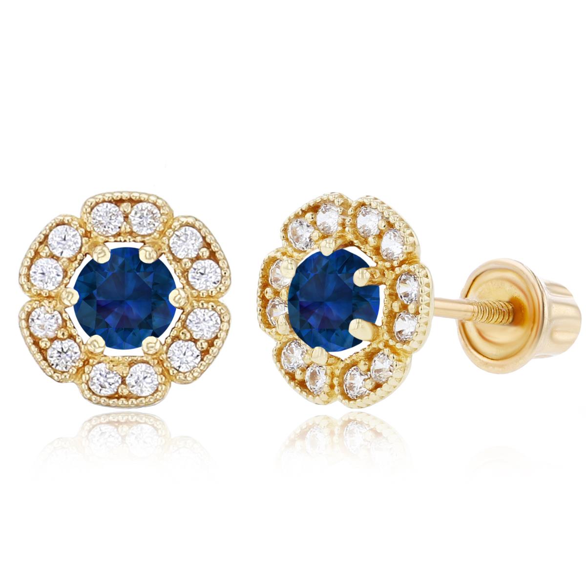14K Yellow Gold 3mm Created Blue Sapphire & 1mm Created White Sapphire Flower Screwback Earrings