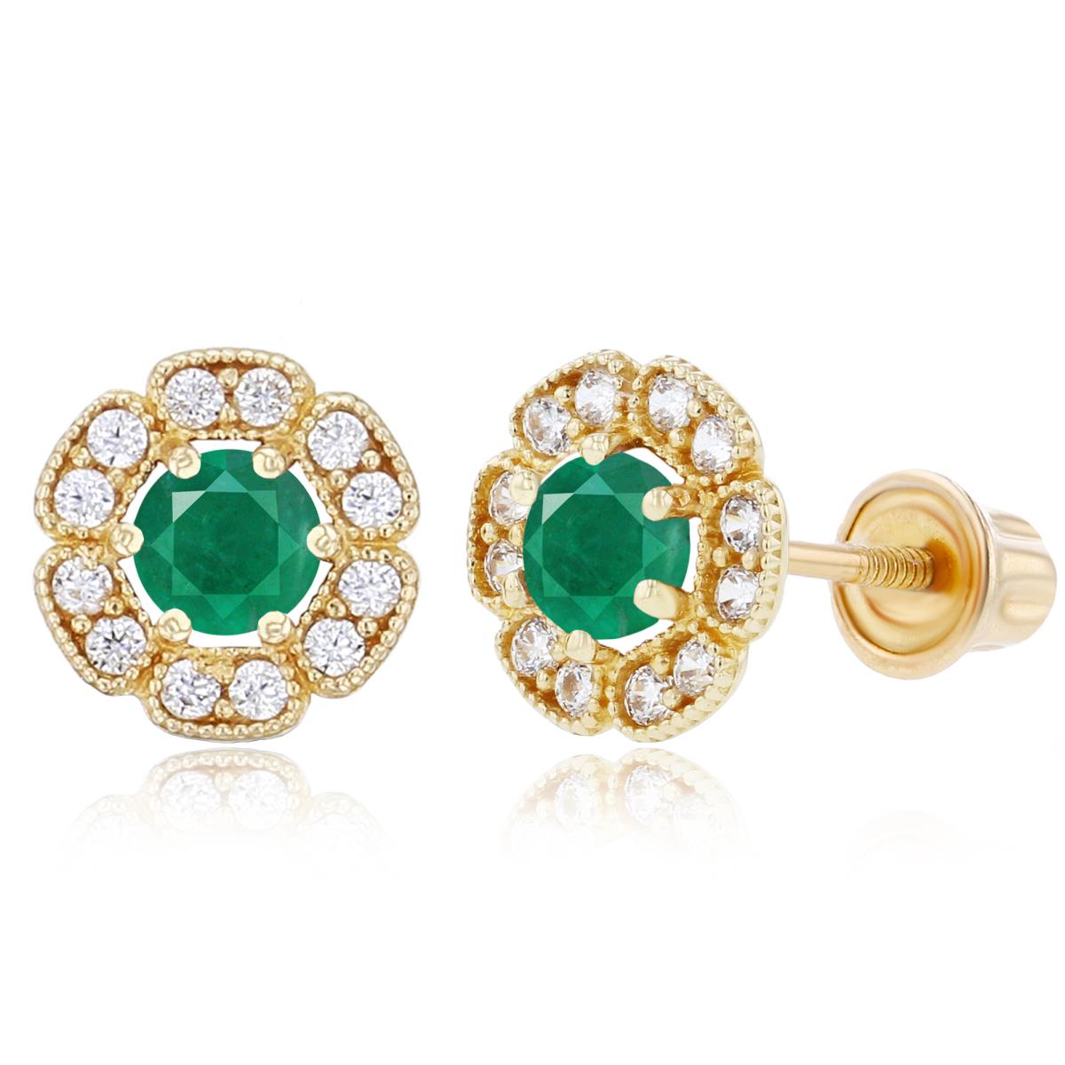 14K Yellow Gold 3mm Emerald & 1mm Created White Sapphire Flower Screwback Earrings