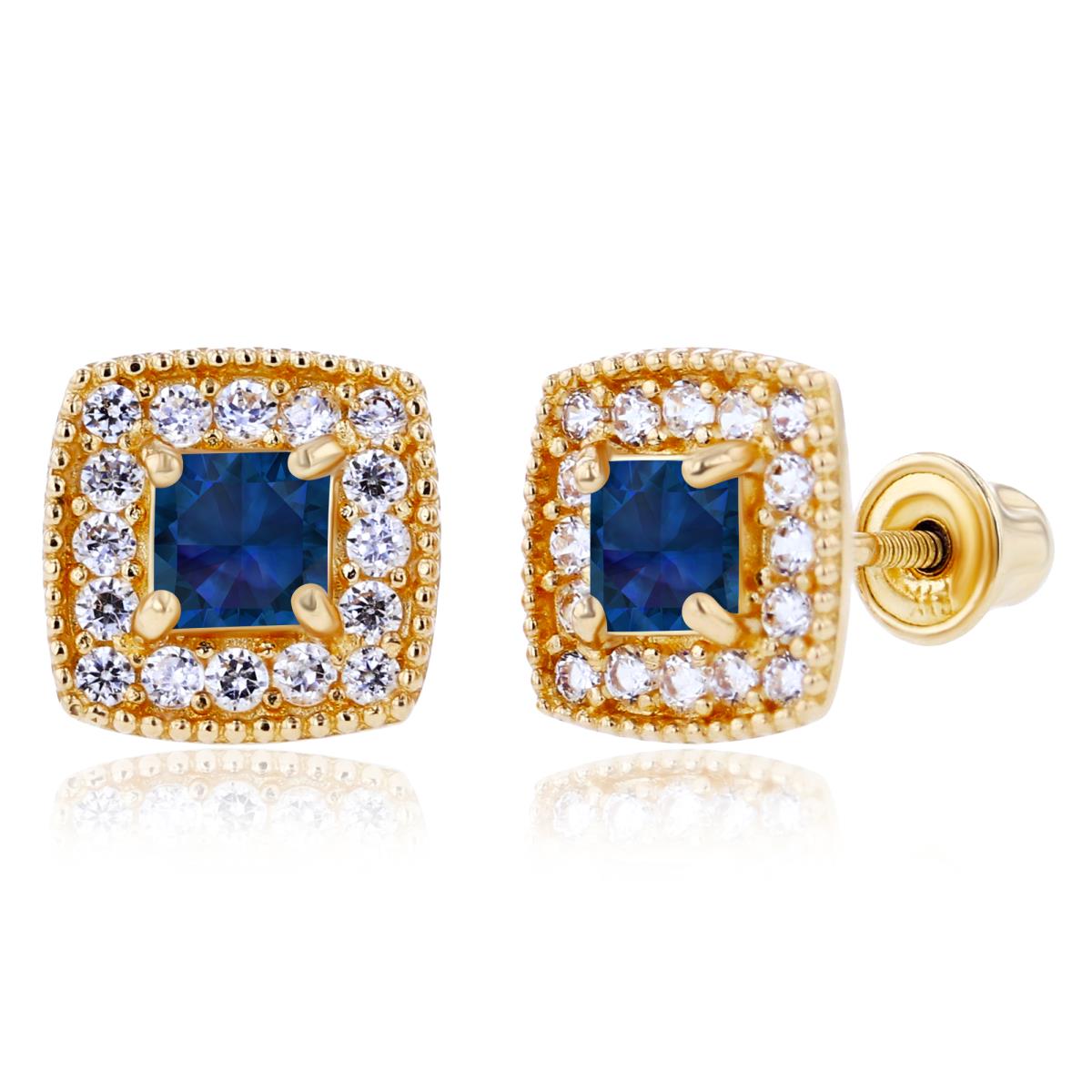 14K Yellow Gold 3mm Square Created Blue Sapphire & 1mm Created White Sapphire Cushion Halo Screwback Earrings