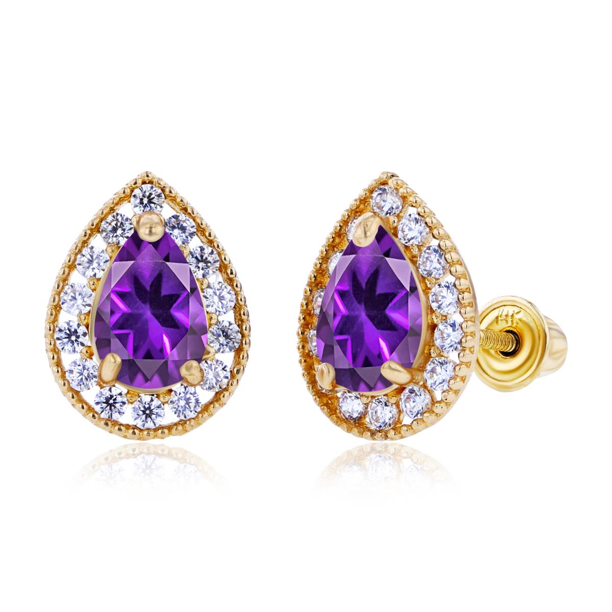 14K Yellow Gold 6x4mm Pear Amethyst & 1.25mm Created white Sapphire Halo Screwback Earrings