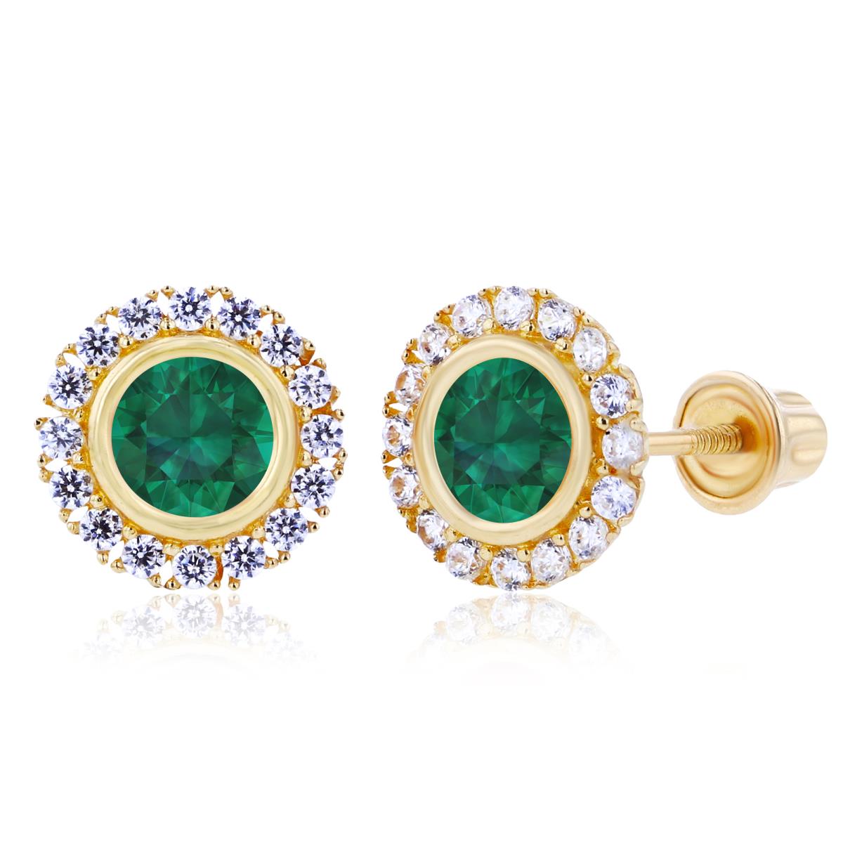 14K Yellow Gold 4mm Created Emerald Bezel & 1mm Created White Sapphire Halo Screwback Earrings