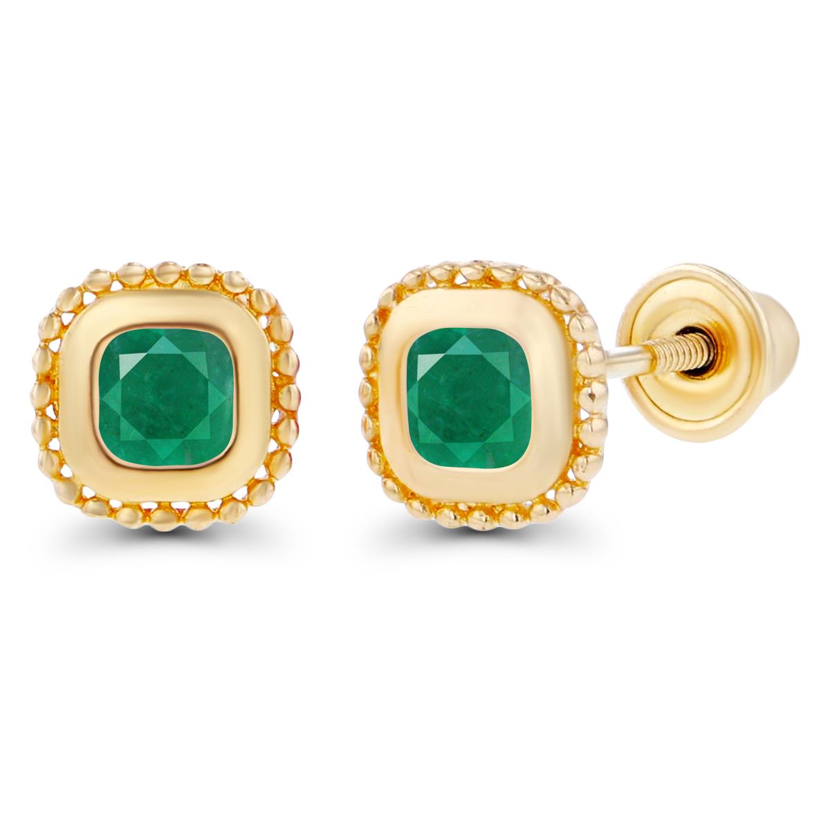 14K Yellow Gold 3mm Emerald Bezel Milgrain Cushion Screwback Earrings
