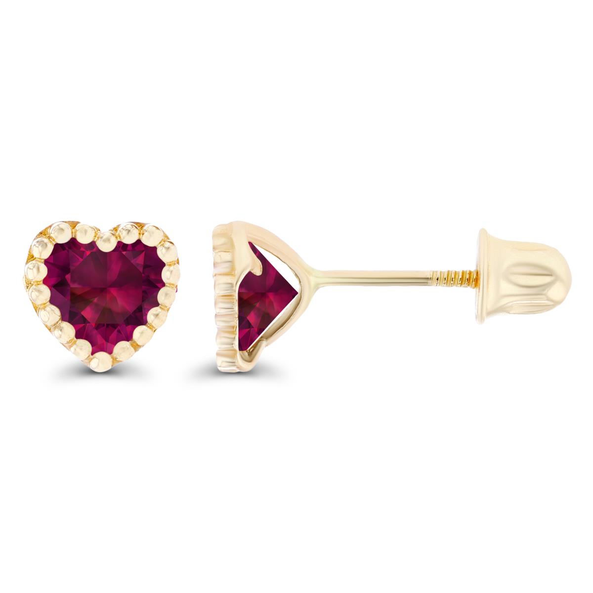 14K Yellow Gold 4mm Heart Created Ruby Bezel Screwback Earrings