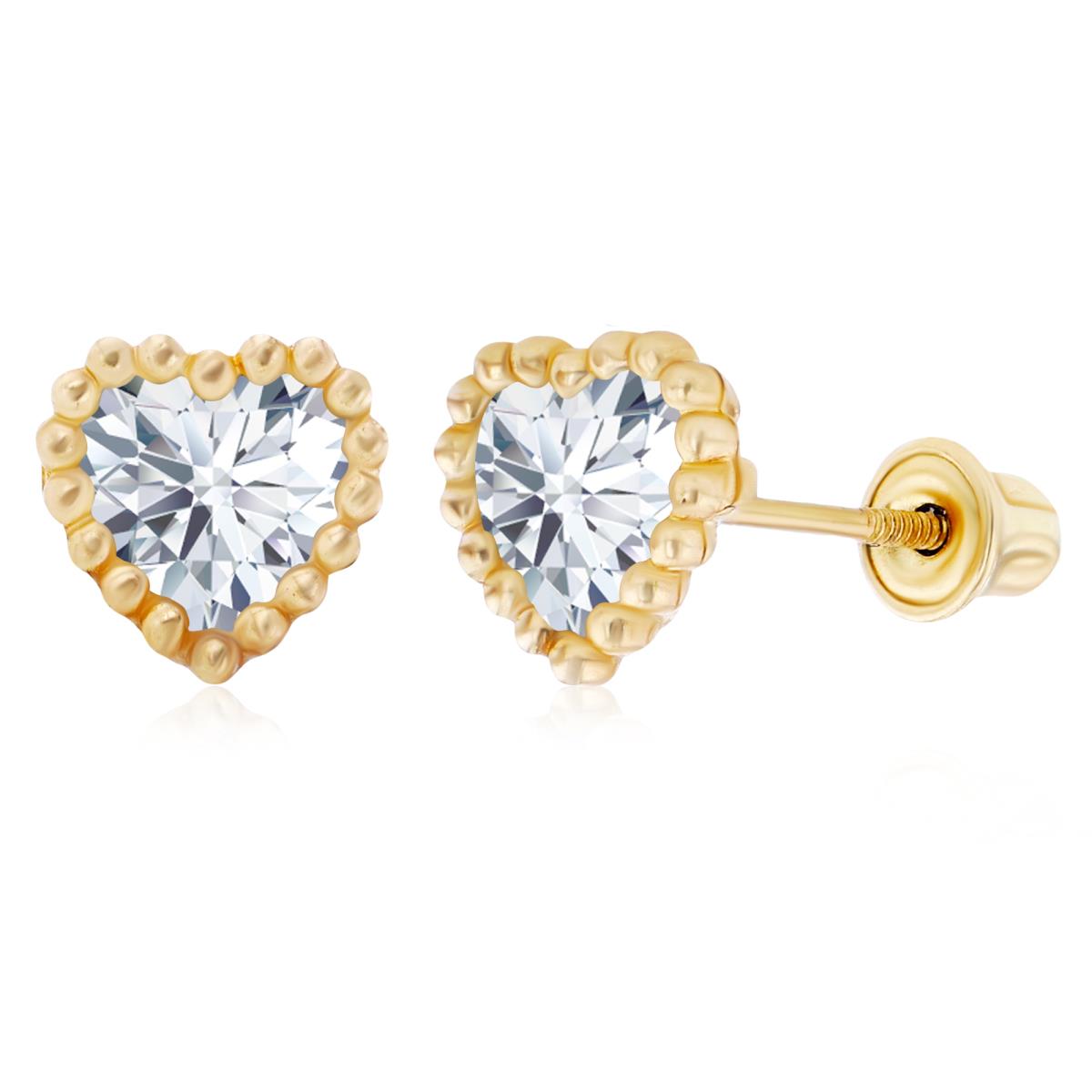 14K Yellow Gold 5mm Heart Created White Sapphire Beaded Frame Screwback Earrings