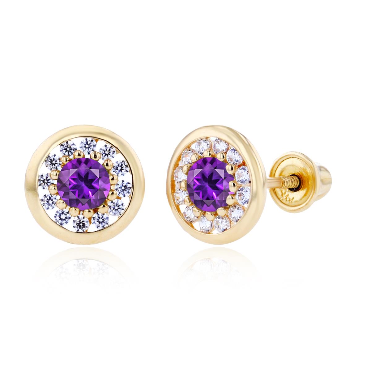14K Yellow Gold 3mm Amethyst & 1mm Created White Sapphire Pave Circle Screwback Earrings