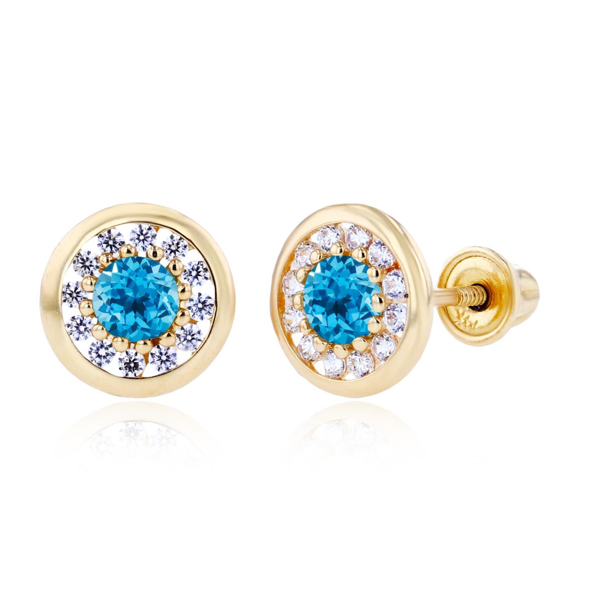 14K Yellow Gold 3mm Swiss Blue Topaz & 1mm Created White Sapphire Pave Circle Screwback Earrings