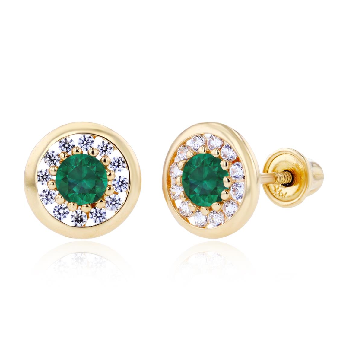 14K Yellow Gold 3mm Created Emerald & 1mm Created White Sapphire Pave Circle Screwback Earrings