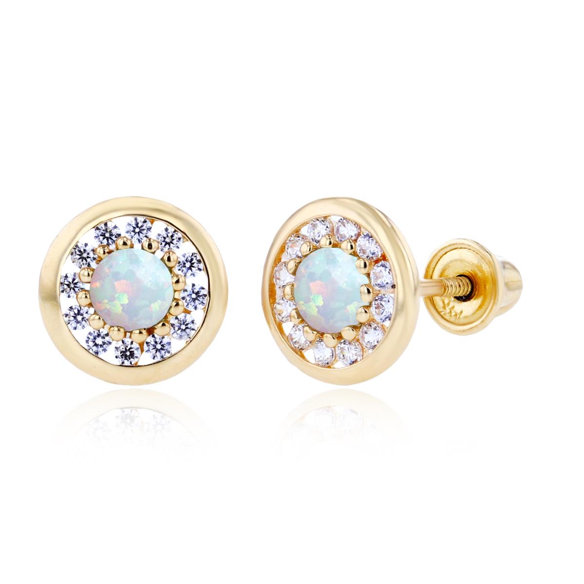 14K Yellow Gold 3mm Created Opal & 1mm Created White Sapphire Pave Circle Screwback Earrings