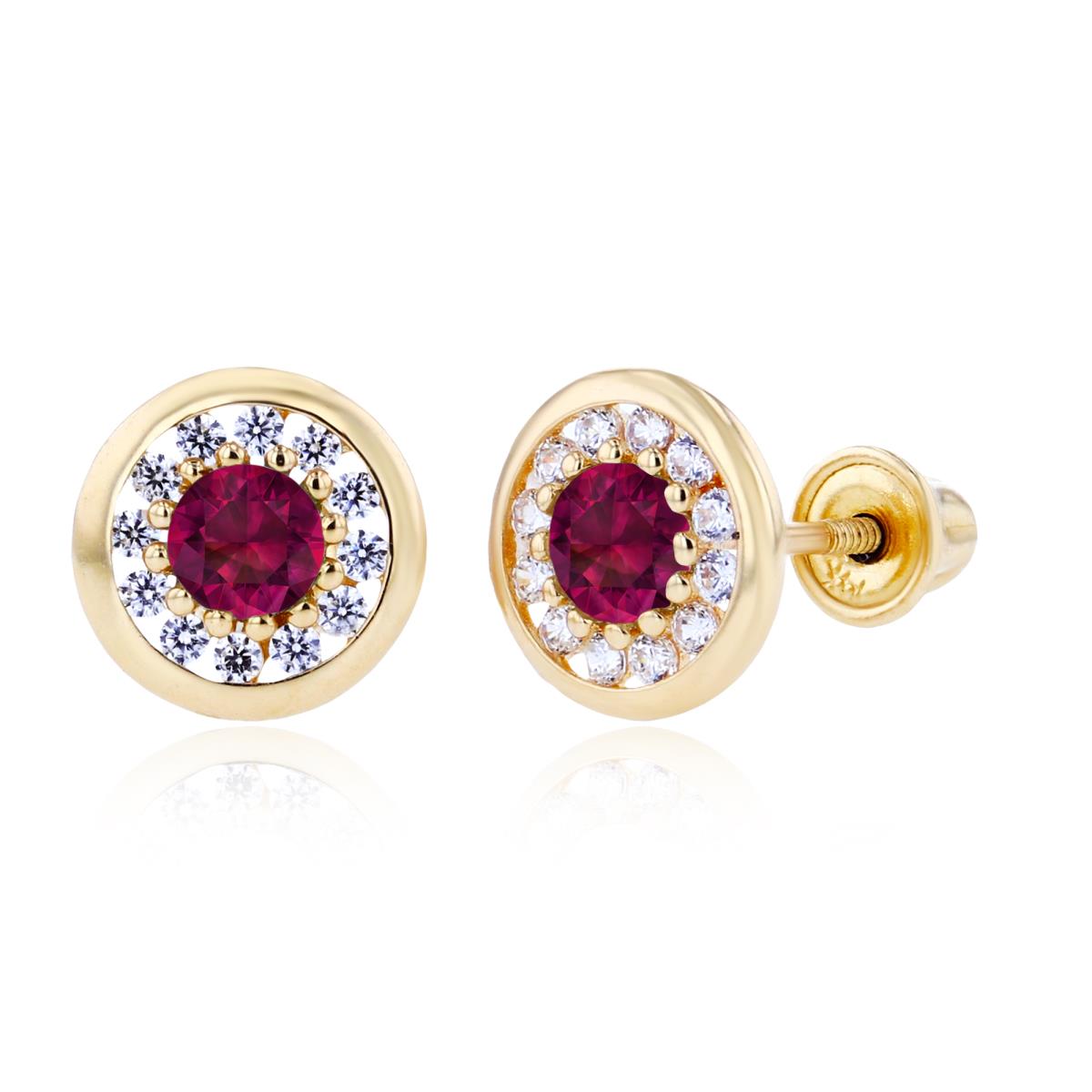 14K Yellow Gold 3mm Created Ruby & 1mm Created White Sapphire Pave Circle Screwback Earrings