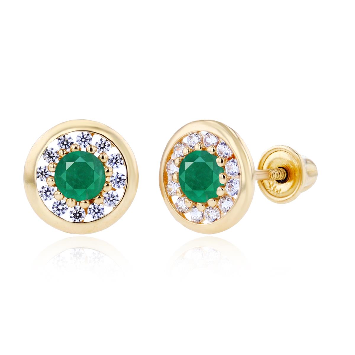 14K Yellow Gold 3mm Emerald & 1mm Created White Sapphire Pave Circle Screwback Earrings