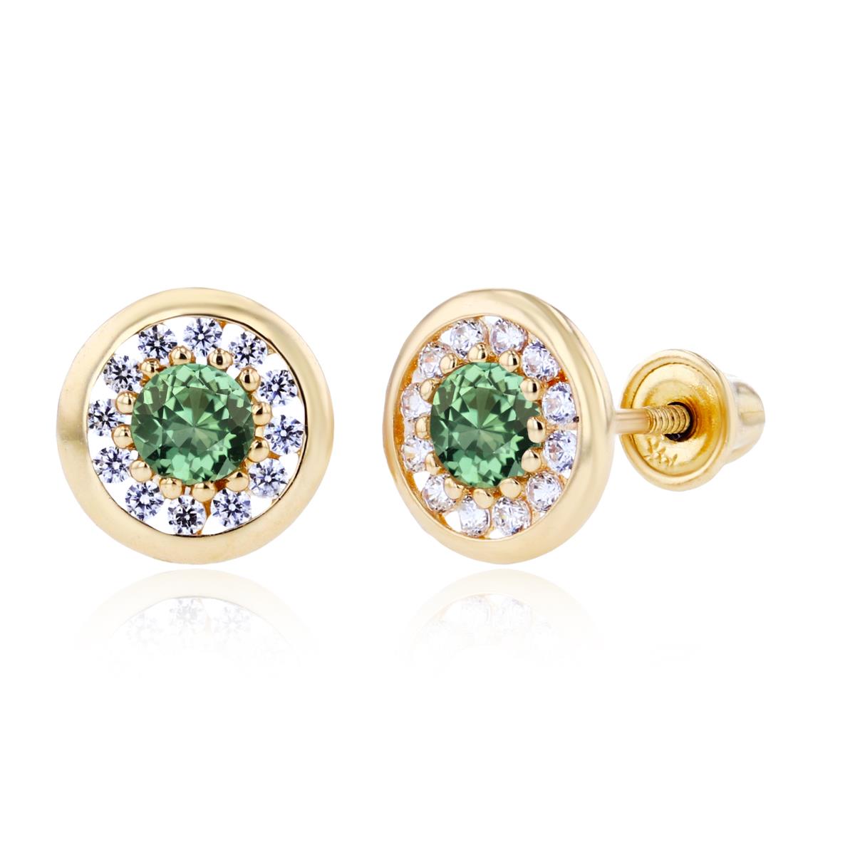 14K Yellow Gold 3mm Created Green Sapphire & 1mm Created White Sapphire Pave Circle Screwback Earrings