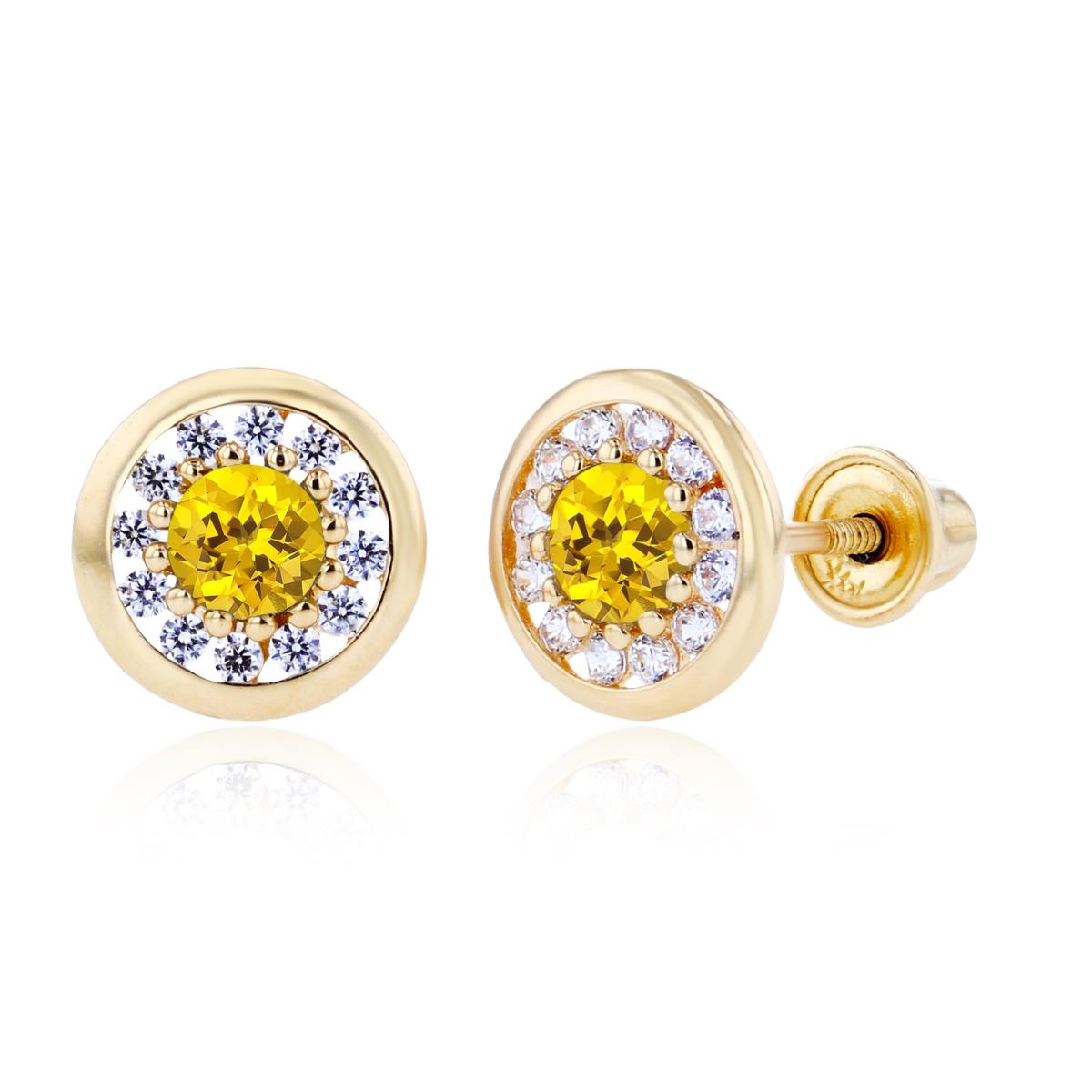 14K Yellow Gold 3mm Created Yellow Sapphire & 1mm Created White Sapphire Pave Circle Screwback Earrings