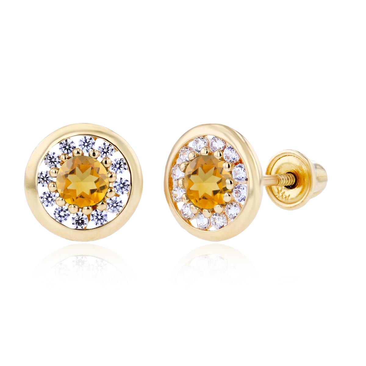 14K Yellow Gold 3mm Citrine & 1mm Created White Sapphire Pave Circle Screwback Earrings