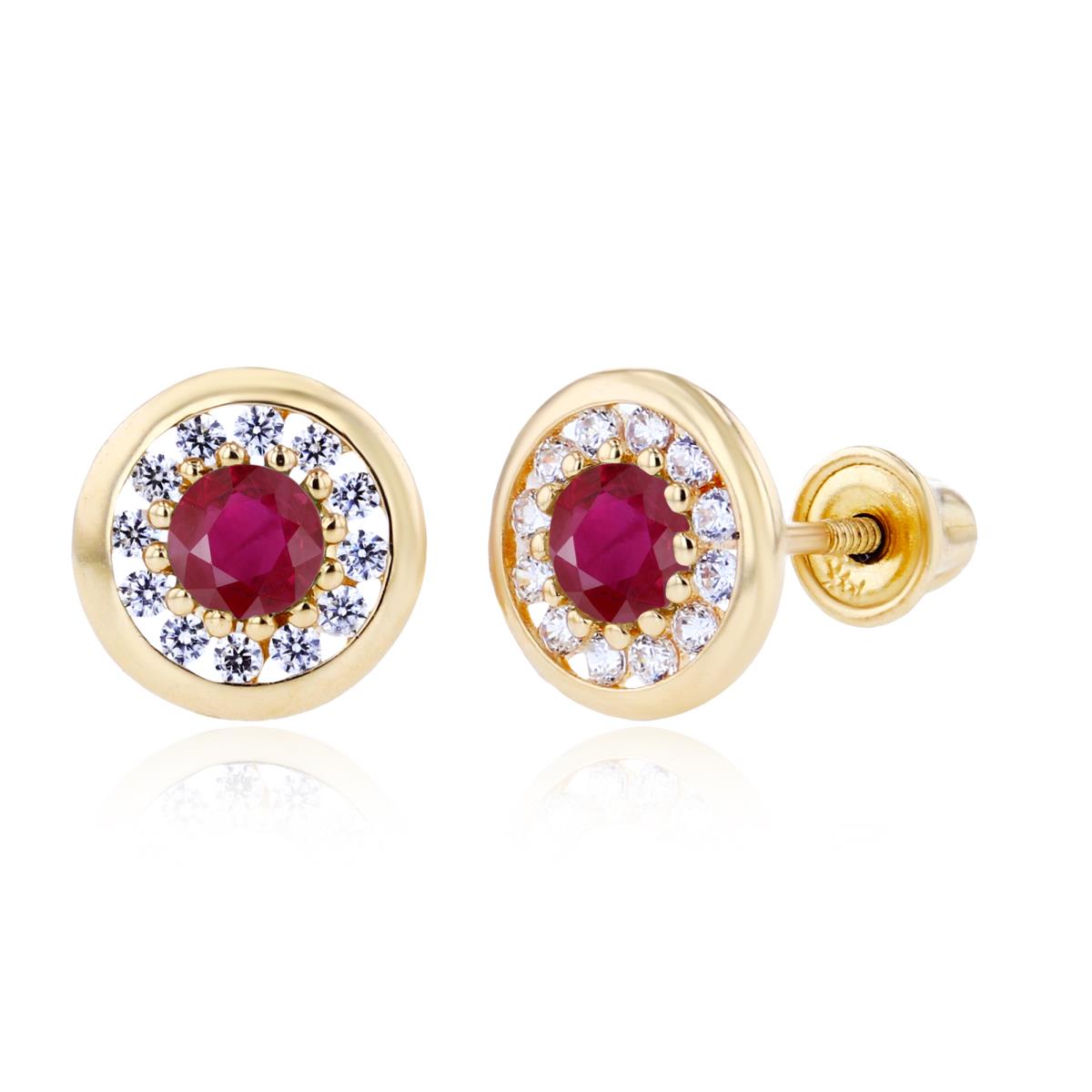 14K Yellow Gold 3mm Ruby & 1mm Created White Sapphire Pave Circle Screwback Earrings