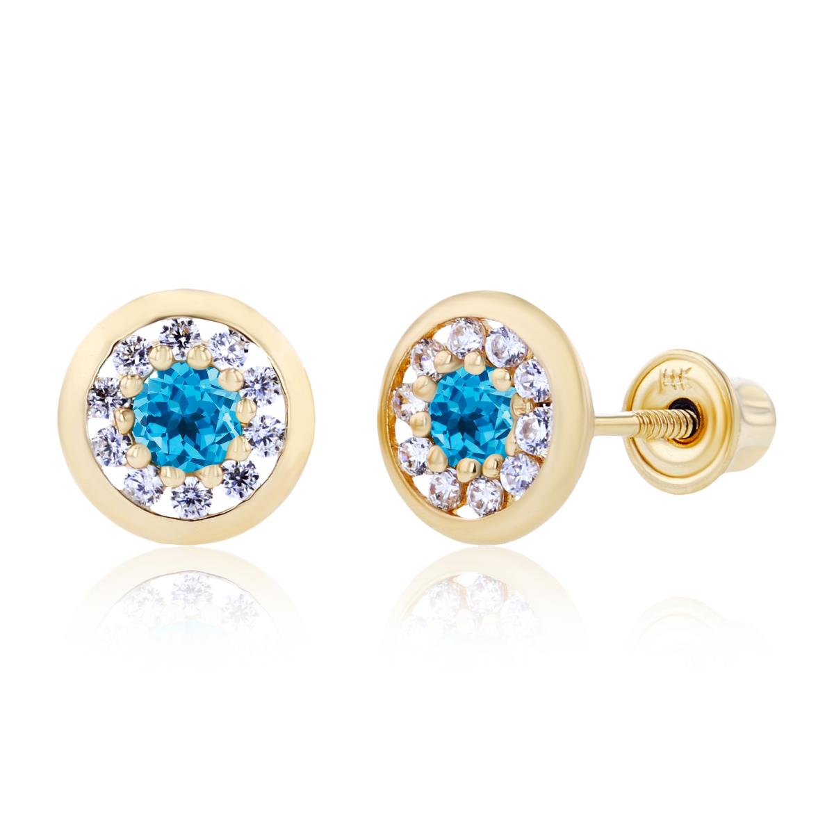 14K Yellow Gold 2.5mm Swiss Blue Topaz & 1mm Created White Sapphire Pave Circle Screwback Earrings