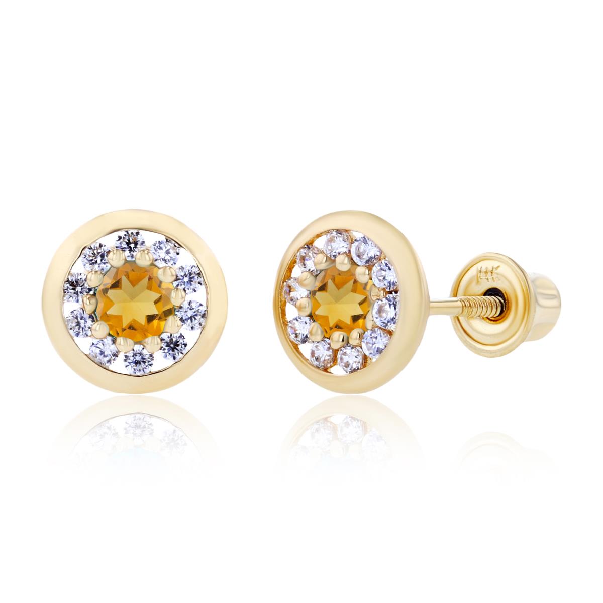 14K Yellow Gold 2.5mm Citrine & 1mm Created White Sapphire Pave Circle Screwback Earrings